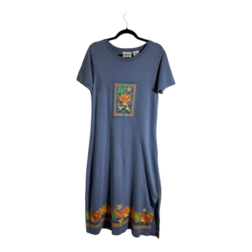 Spa Delicates Women’s Blue Maxi Tee Shirt  Safari Animal Print Dress Size Medium
